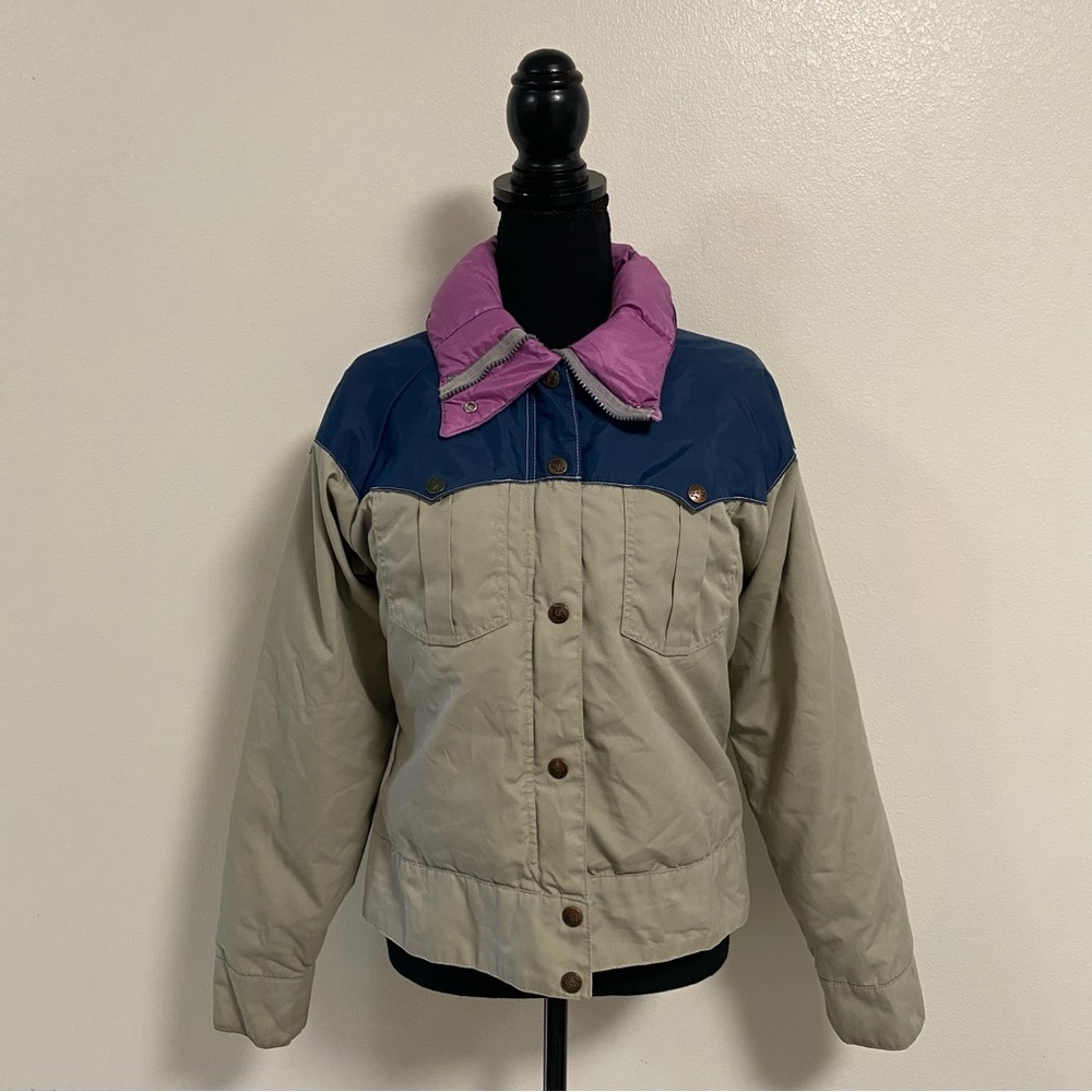 Powderhorn Mountaineering Jacket Girls Size 12 Tan Blue Vintage Down Jacket